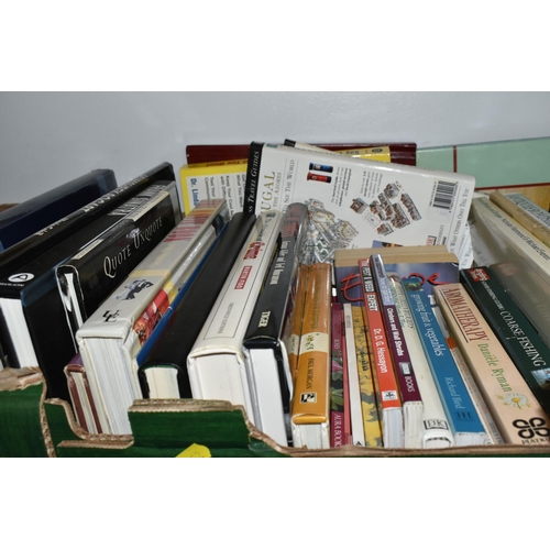 452 - SIX BOXES OF BOOKS, CDS AND LPS, books include subjects, Dan Brown hard backs/paperbacks, medieval h... 