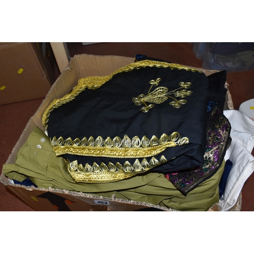 453 - SIX BOXES OF LADIES AND MENS CLOTHES, to include two ladies Egyptian abaya one locally made black wi... 