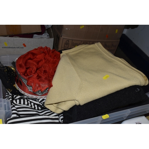 453 - SIX BOXES OF LADIES AND MENS CLOTHES, to include two ladies Egyptian abaya one locally made black wi... 