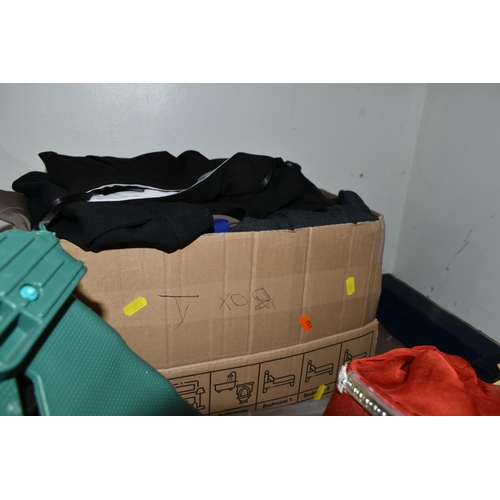 453 - SIX BOXES OF LADIES AND MENS CLOTHES, to include two ladies Egyptian abaya one locally made black wi... 