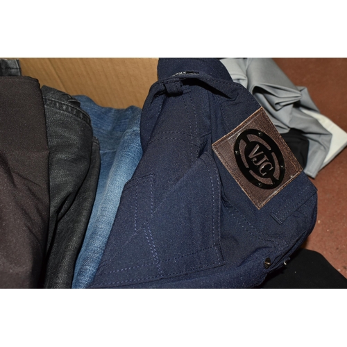 454 - SIX BOXES OF LADIES AND MENS TROUSERS AND JEANS, to include named branded men's jeans/trousers Versa... 