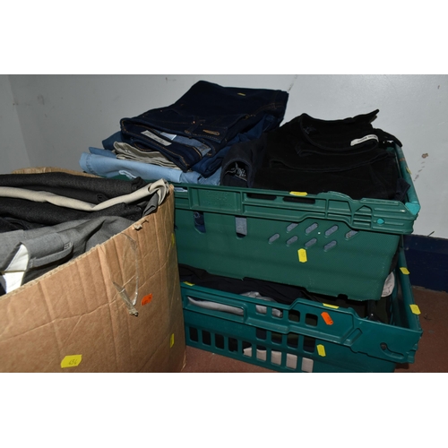 454 - SIX BOXES OF LADIES AND MENS TROUSERS AND JEANS, to include named branded men's jeans/trousers Versa... 