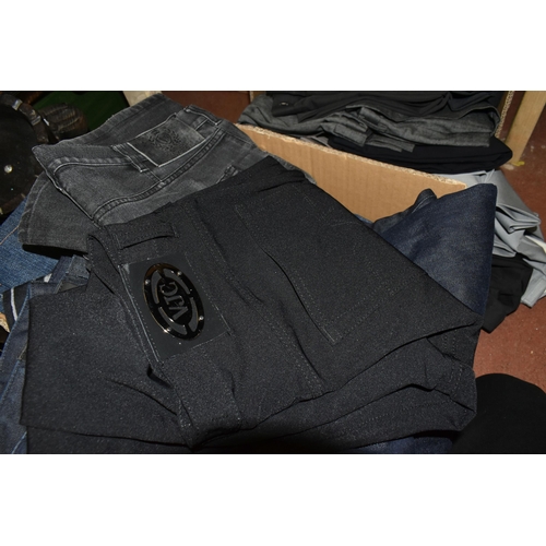 454 - SIX BOXES OF LADIES AND MENS TROUSERS AND JEANS, to include named branded men's jeans/trousers Versa... 