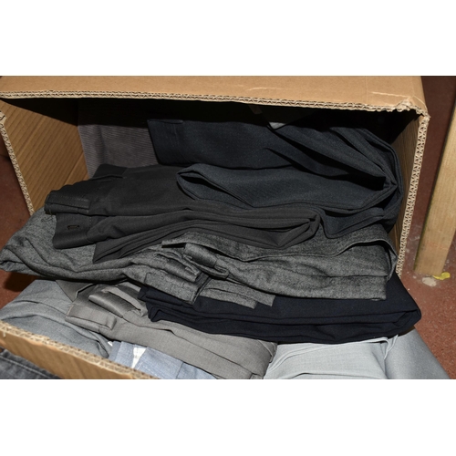 454 - SIX BOXES OF LADIES AND MENS TROUSERS AND JEANS, to include named branded men's jeans/trousers Versa... 