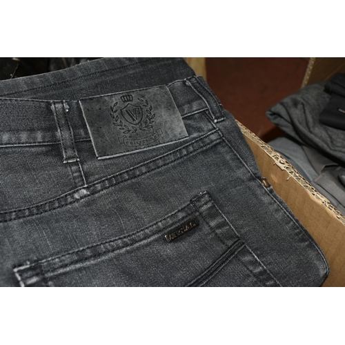 454 - SIX BOXES OF LADIES AND MENS TROUSERS AND JEANS, to include named branded men's jeans/trousers Versa... 