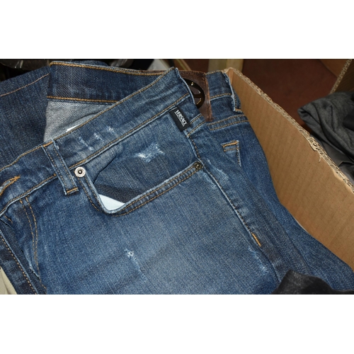 454 - SIX BOXES OF LADIES AND MENS TROUSERS AND JEANS, to include named branded men's jeans/trousers Versa... 