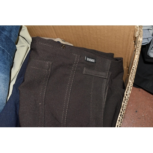 454 - SIX BOXES OF LADIES AND MENS TROUSERS AND JEANS, to include named branded men's jeans/trousers Versa... 