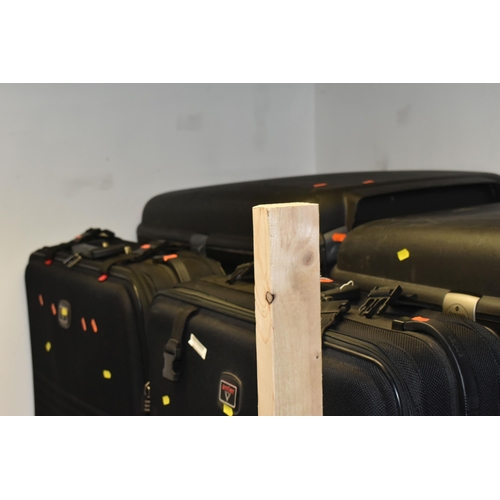 456 - A SELECTION OF SUITCASES VARIES SIZES, to include, five large black hard shell Samsonite cases measu... 