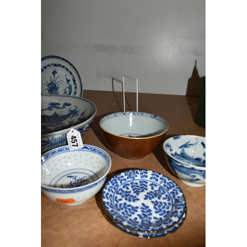 457 - SMALL COLLECTION OF BLUE AND WHITE ORIENTAL CERAMIICS, comprising of a large bowl 31.5cm with dragon... 