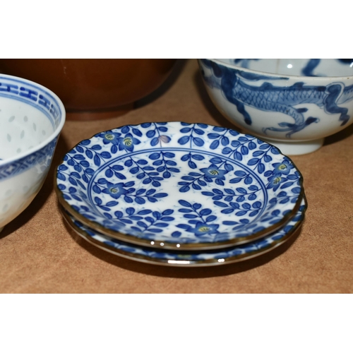 457 - SMALL COLLECTION OF BLUE AND WHITE ORIENTAL CERAMIICS, comprising of a large bowl 31.5cm with dragon... 