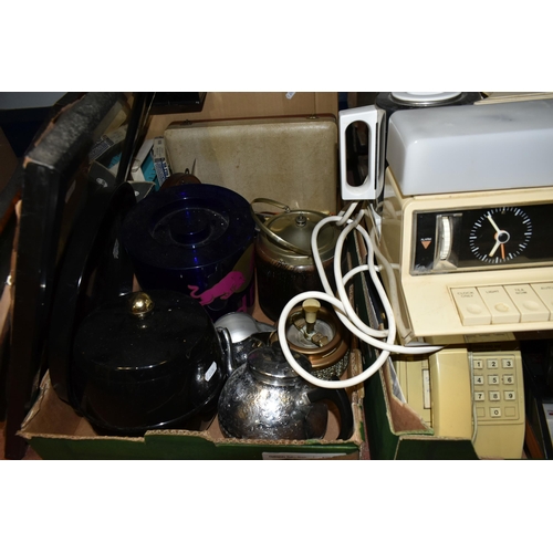 460 - FIVE BOXES AND LOOSE MISCELLANEOUS, to include vintage Goblin teas maid, old telephones and answer m... 