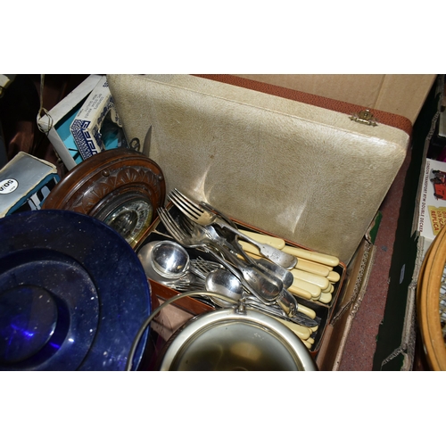 460 - FIVE BOXES AND LOOSE MISCELLANEOUS, to include vintage Goblin teas maid, old telephones and answer m... 