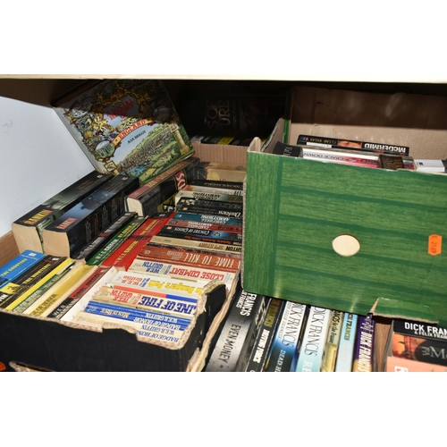 462 - SIX BOXES OF BOOKS, subjects to include, murder mystery, war novels, Dick Francis novels, fact books... 