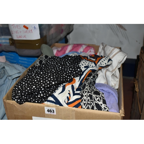 463 - SIX BOXES OF LADIES CLOTHES, included are long sleeve, short sleeve tops approximately 150+ many wit... 