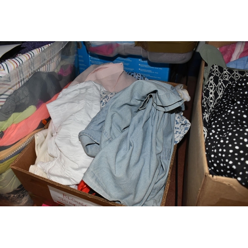 463 - SIX BOXES OF LADIES CLOTHES, included are long sleeve, short sleeve tops approximately 150+ many wit... 