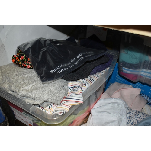 463 - SIX BOXES OF LADIES CLOTHES, included are long sleeve, short sleeve tops approximately 150+ many wit... 