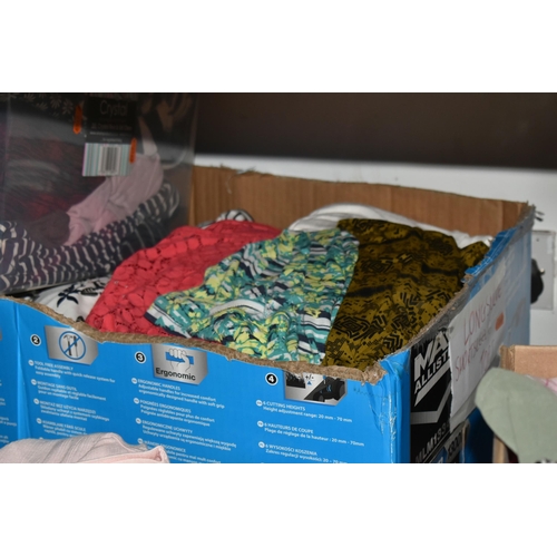 463 - SIX BOXES OF LADIES CLOTHES, included are long sleeve, short sleeve tops approximately 150+ many wit... 