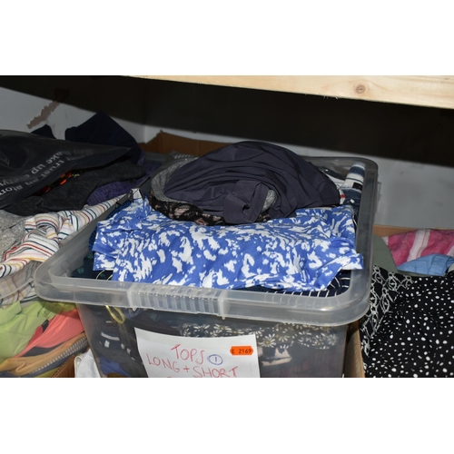 463 - SIX BOXES OF LADIES CLOTHES, included are long sleeve, short sleeve tops approximately 150+ many wit... 