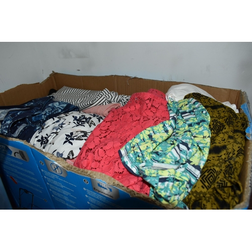 463 - SIX BOXES OF LADIES CLOTHES, included are long sleeve, short sleeve tops approximately 150+ many wit... 