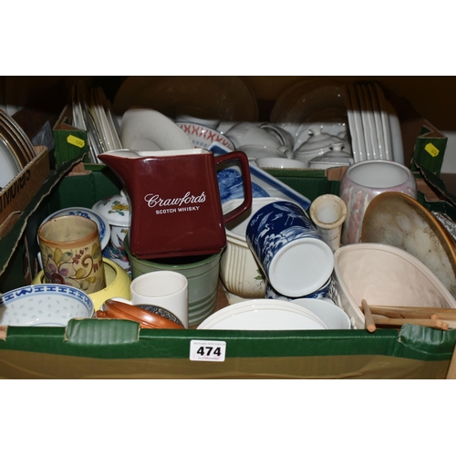 474 - FIVE BOXES OF CERAMICS, to include a large quantity of Denby 'Rondo' pattern dinnerware, two boxed S... 