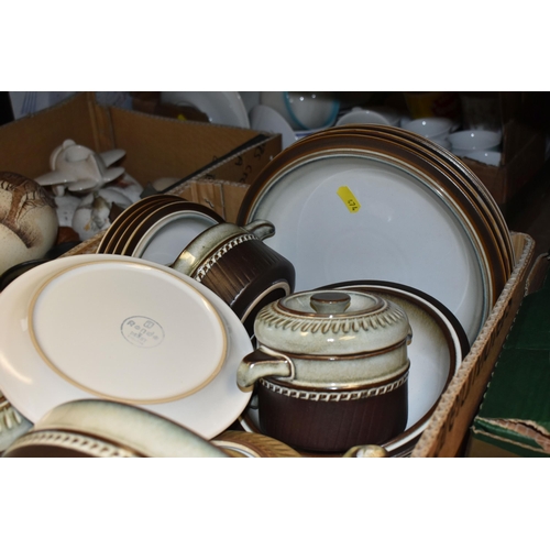 474 - FIVE BOXES OF CERAMICS, to include a large quantity of Denby 'Rondo' pattern dinnerware, two boxed S... 