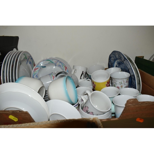 474 - FIVE BOXES OF CERAMICS, to include a large quantity of Denby 'Rondo' pattern dinnerware, two boxed S... 