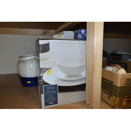 474 - FIVE BOXES OF CERAMICS, to include a large quantity of Denby 'Rondo' pattern dinnerware, two boxed S... 