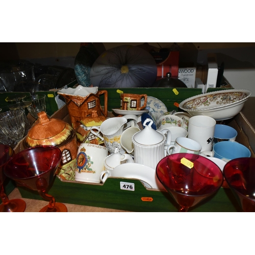 476 - FOUR BOXES OF CERAMICS AND GLASS, to include two vintage Blackpool souvenir glass paperweights, a gr... 