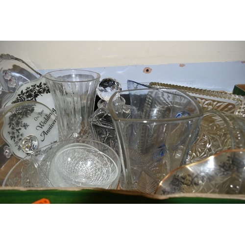 476 - FOUR BOXES OF CERAMICS AND GLASS, to include two vintage Blackpool souvenir glass paperweights, a gr... 