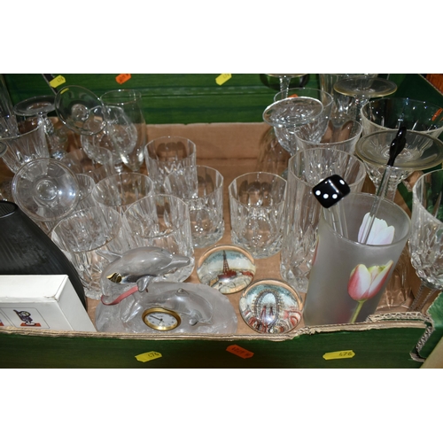 476 - FOUR BOXES OF CERAMICS AND GLASS, to include two vintage Blackpool souvenir glass paperweights, a gr... 