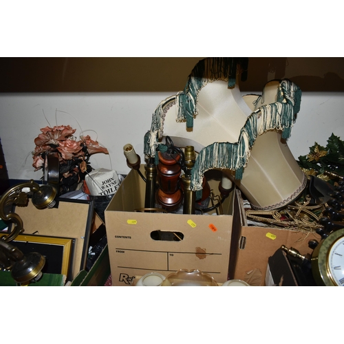 477 - FIVE BOXES OF MISELLANEOUS SUNDRIES, to include three matching bronzed  chandeliers and two table la... 