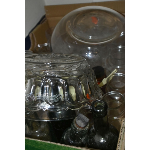 485 - FOUR BOXES AND LOOSE KITCHEN AND GLASSWARE, to include two Bohemian cut to clear wine glasses, a W& ... 