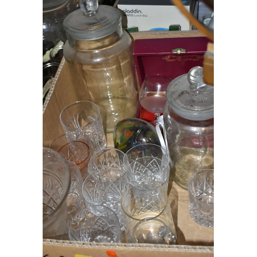 485 - FOUR BOXES AND LOOSE KITCHEN AND GLASSWARE, to include two Bohemian cut to clear wine glasses, a W& ... 