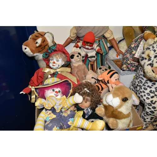 486 - THREE BOXES AND LOOSE SOFT TOYS AND DOLLS, a collectable Spanish porcelain clown doll by Alda, a Spa... 