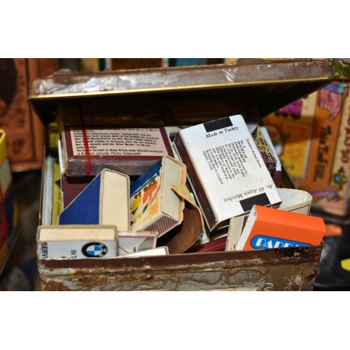 487 - THREE BOXES OF VINTAGE TINS AND A LARGE COLLECTION OF VINTAGE MATCH BOXES, to include Steamship Bran... 