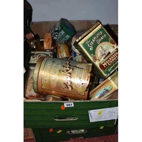 487 - THREE BOXES OF VINTAGE TINS AND A LARGE COLLECTION OF VINTAGE MATCH BOXES, to include Steamship Bran... 