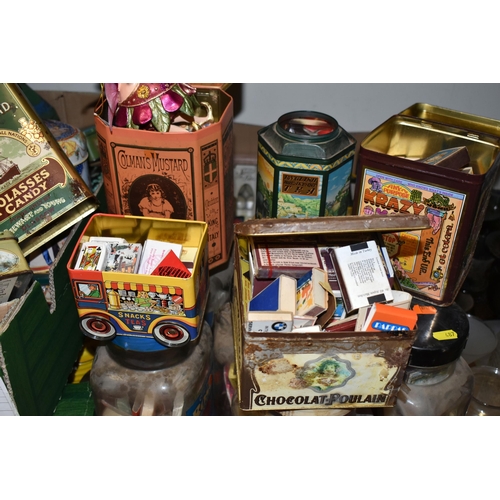 487 - THREE BOXES OF VINTAGE TINS AND A LARGE COLLECTION OF VINTAGE MATCH BOXES, to include Steamship Bran... 