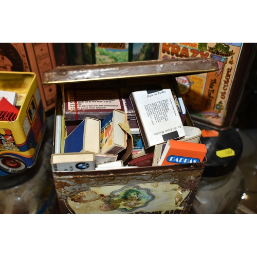 487 - THREE BOXES OF VINTAGE TINS AND A LARGE COLLECTION OF VINTAGE MATCH BOXES, to include Steamship Bran... 