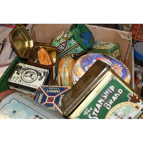 487 - THREE BOXES OF VINTAGE TINS AND A LARGE COLLECTION OF VINTAGE MATCH BOXES, to include Steamship Bran... 