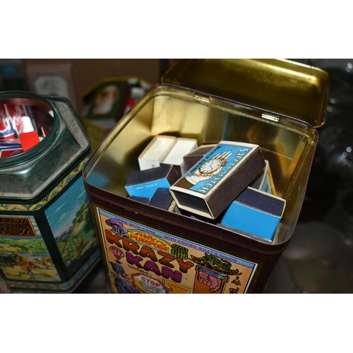 487 - THREE BOXES OF VINTAGE TINS AND A LARGE COLLECTION OF VINTAGE MATCH BOXES, to include Steamship Bran... 