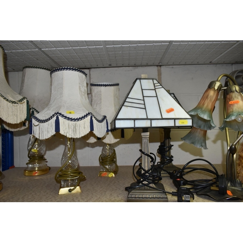 490 - SEVEN TABLE LAMPS to include a pair of Marks And Spencer Tiffany style lamps, two pairs of crystal c... 