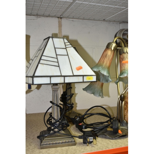 490 - SEVEN TABLE LAMPS to include a pair of Marks And Spencer Tiffany style lamps, two pairs of crystal c... 