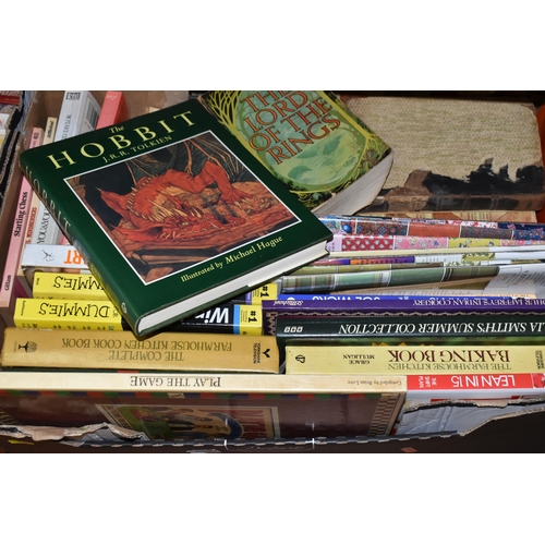 496 - SEVEN BOXES OF BOOKS to include a copy of The Hobbit illustrated by Michael Hague, a copy of The Lor... 