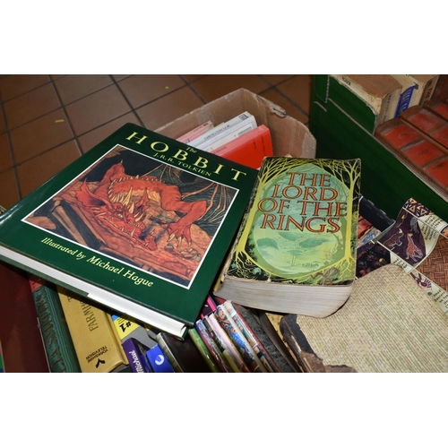 496 - SEVEN BOXES OF BOOKS to include a copy of The Hobbit illustrated by Michael Hague, a copy of The Lor... 