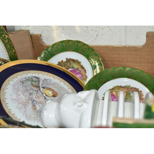 498 - THREE BOXES AND LOOSE CERAMIC ORNAMENTS AND MISCELLANOUS ITEMS to include a West Mercedes racing jac... 