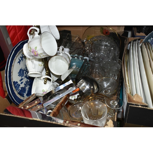 499 - EIGHT BOXES OF MIXED CERAMICS AND GLASSES to include a box of mugs comprising retro Disney and Muppe... 