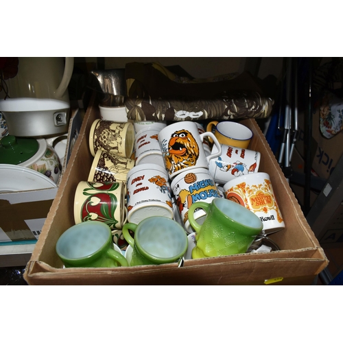 499 - EIGHT BOXES OF MIXED CERAMICS AND GLASSES to include a box of mugs comprising retro Disney and Muppe... 