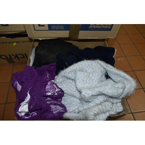 501 - EIGHT BOXES OF ASSORTED WOMEN'S CLOTHES to include an assortment of jumpers, dressing gowns, dresses... 