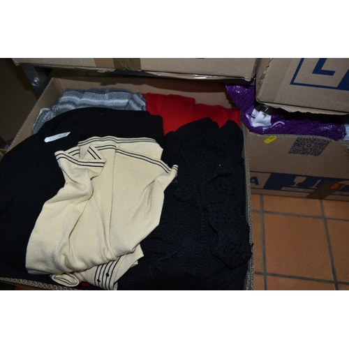 501 - EIGHT BOXES OF ASSORTED WOMEN'S CLOTHES to include an assortment of jumpers, dressing gowns, dresses... 