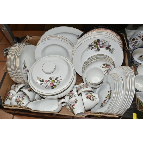 504 - FIVE BOXES OF ASSORTED CERAMICS AND GLASSWARE to include a Copeland Spode Chinese Rose sauce dish, t... 